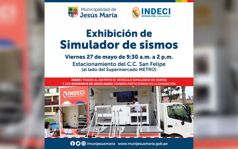 Banner de promoción de exhibición de simulador de sismos organizada por la Municipalidad de Jesús María e INDECI.