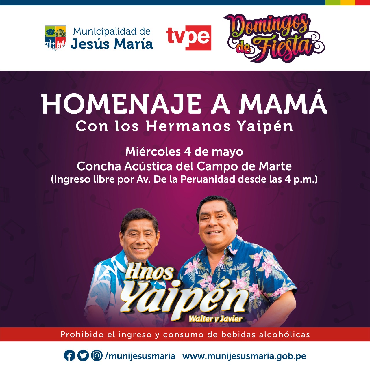Afiche de promoción de Homenaje A Mamá donde cantarán los Hermanos Yaipén